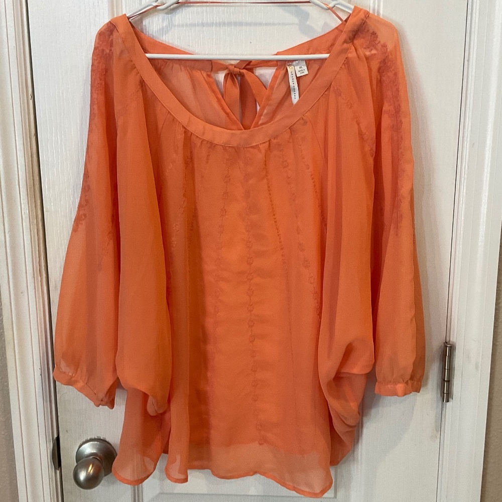 Lauren Conrad Coral Peach Sheer Embroidered Top Blouse - Size XL - Excellent